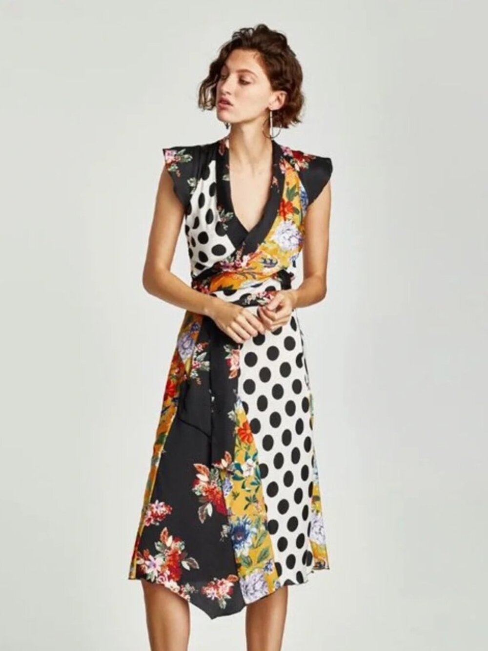Zara NWT Mixed Print Floral Polka Dot Wrap Midi Dress Yellow Black | Size XS